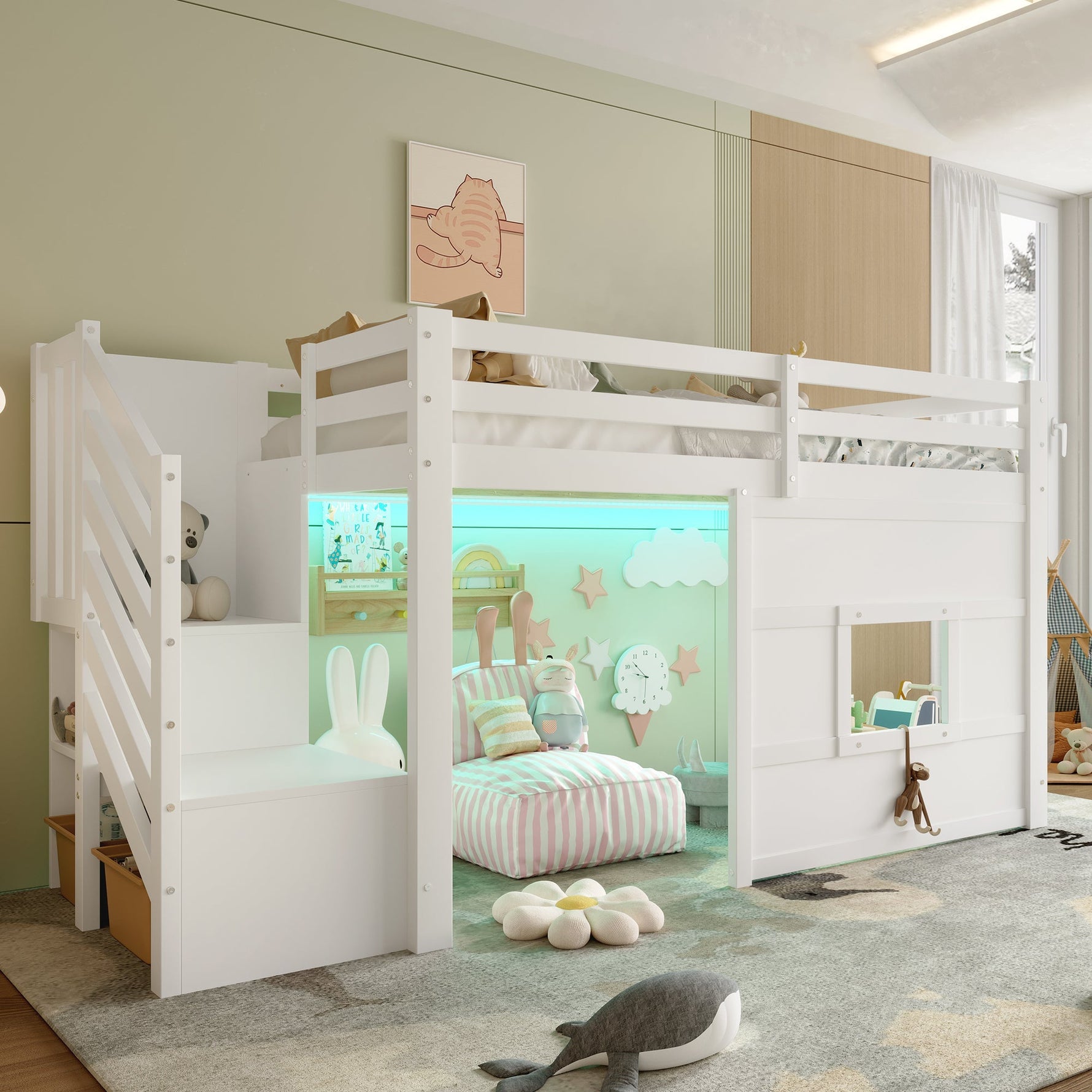 Loft Bed with Storage Stairs and Window, 90x200cm, White Pine Wood + MDF