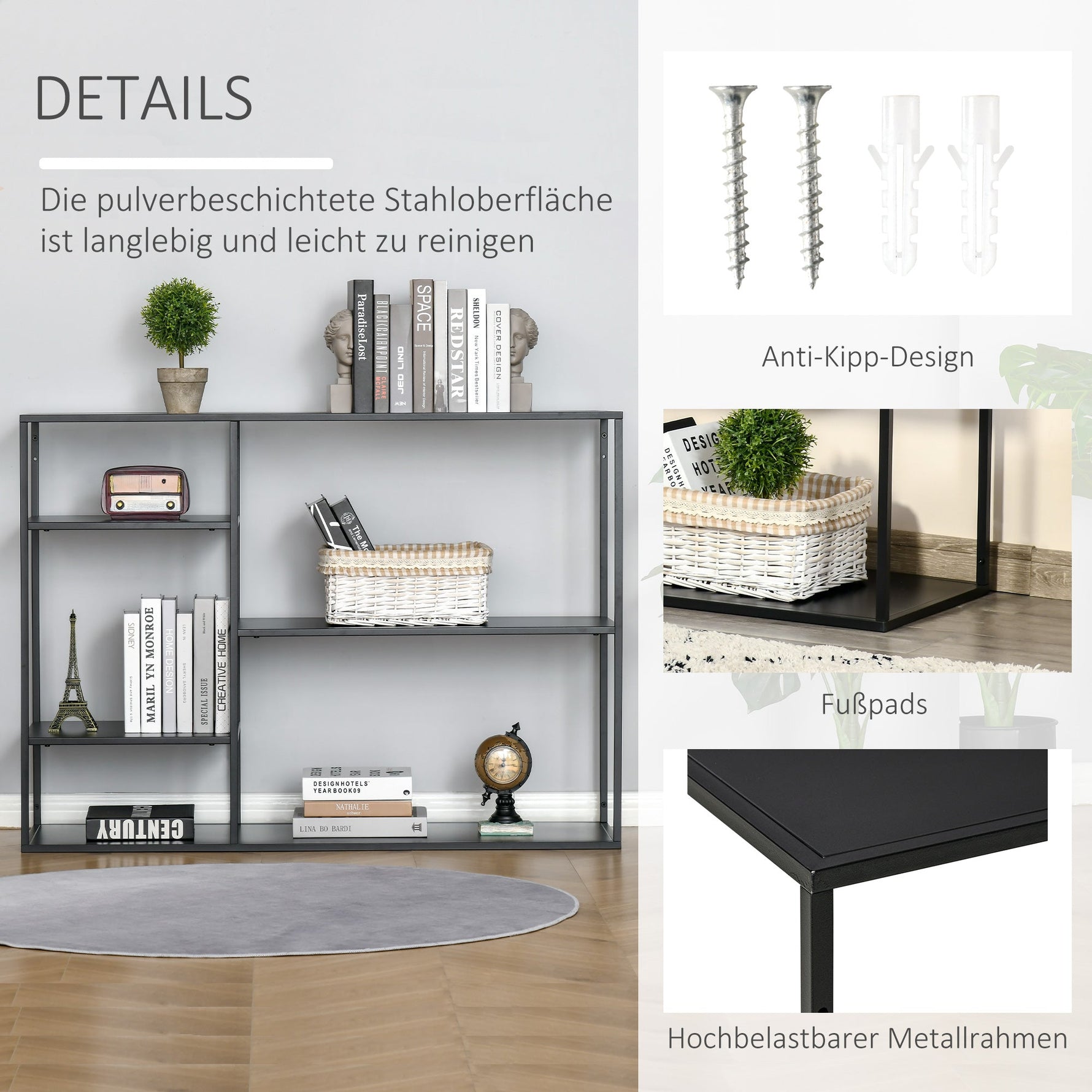 Freestanding Bookcase, 5 Open Compartments, Metal, Black