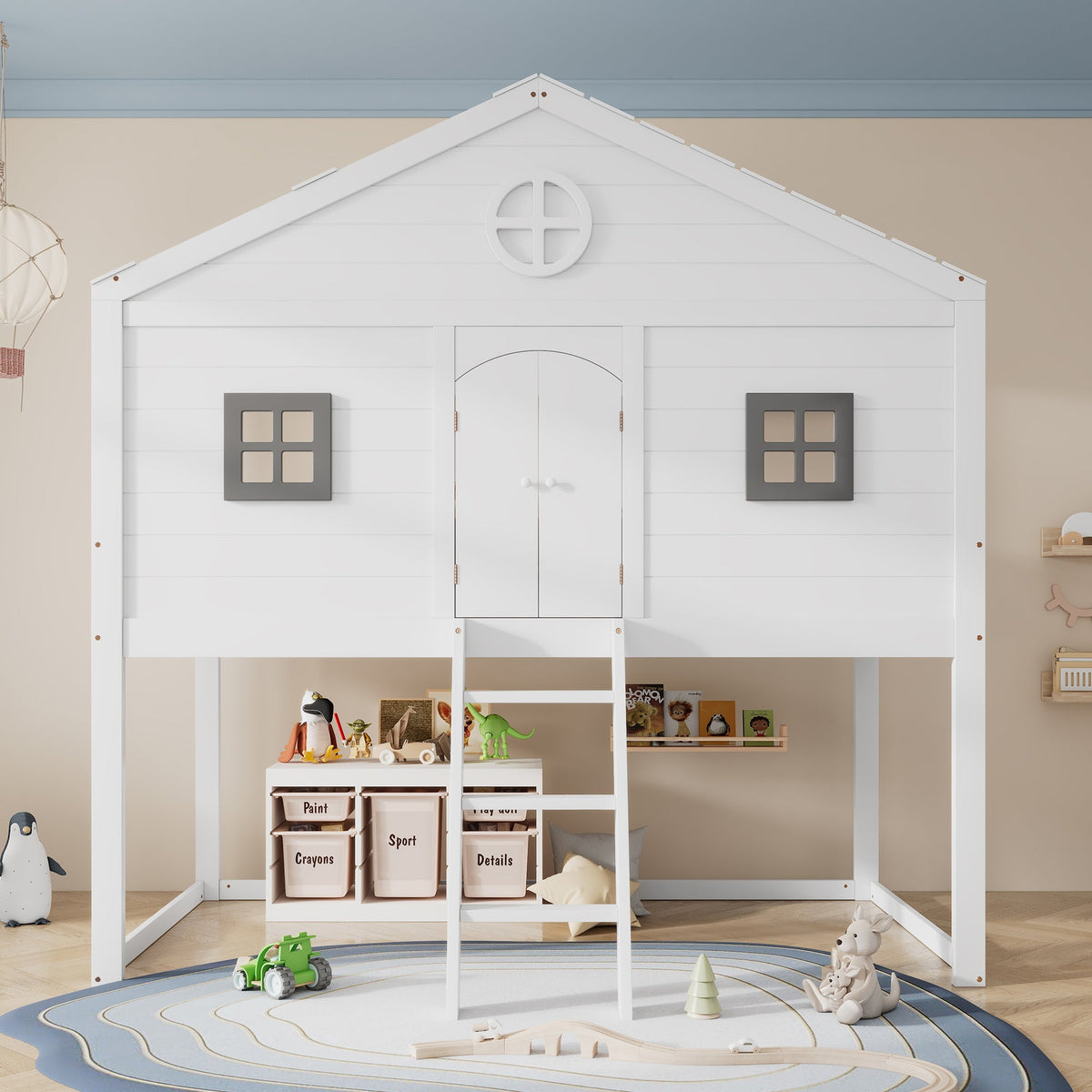 House Bed, Stairs, Safety Rail & Gate, Pine & MDF, White & Grey