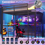 Loft Bed with Desk, LED Lights, Pegboard and Charging Ports, Black Iron Frame