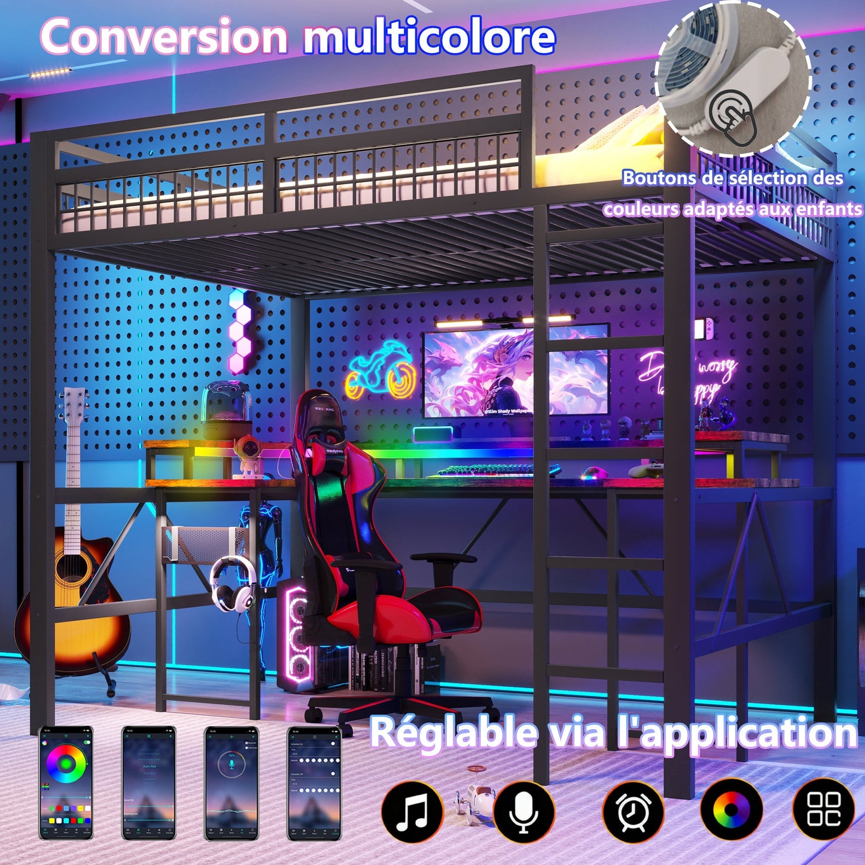 Loft Bed with Desk, LED Lights, Pegboard and Charging Ports, Black Iron Frame