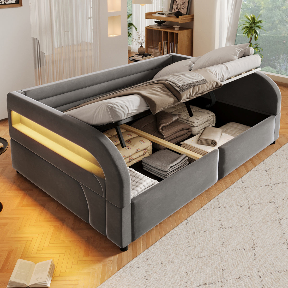 Upholstered Platform Bed 140x200 with Hydraulic Storage & LED, Grey