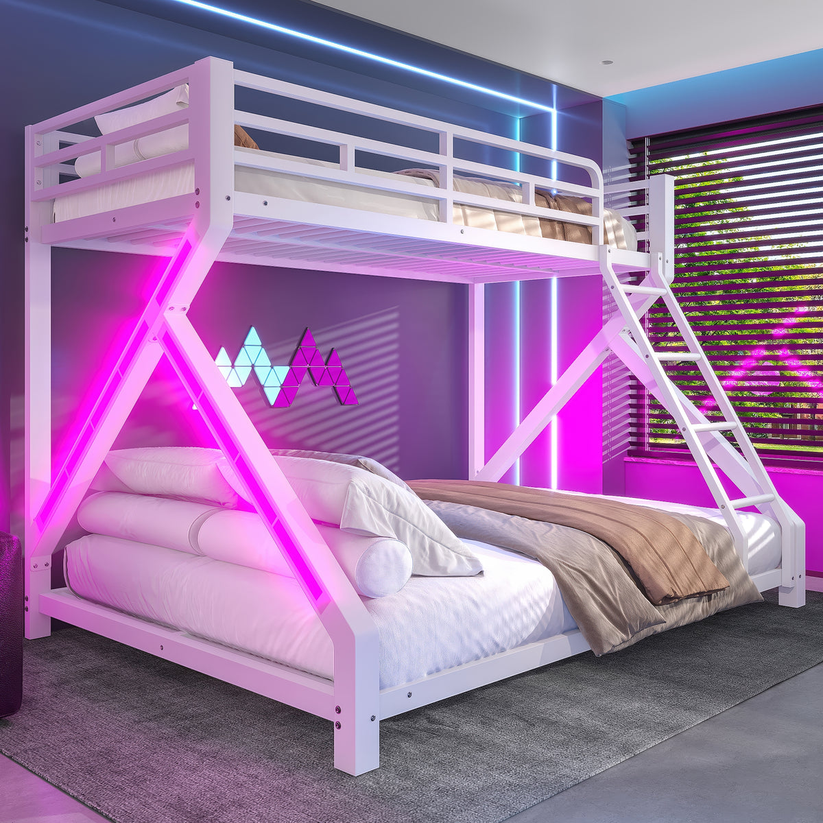 Kids Bunk Bed 90x200 & 140x200cm with LED Light, White Iron Frame