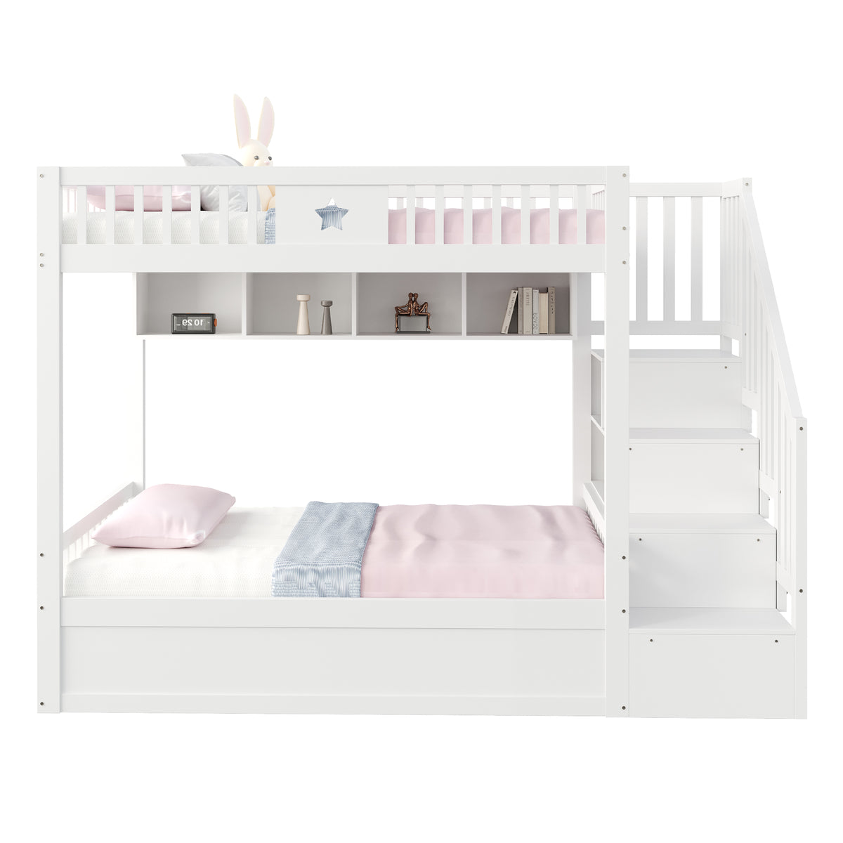 Wooden Bunk Bed 140x200cm with Hydraulic Storage & Stairs, White