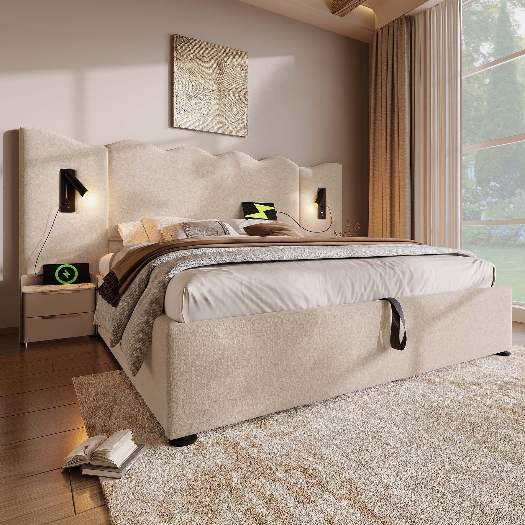 Upholstered Double Bed, 160x200, Reading Lamp & USB-C, Storage, Beige Linen