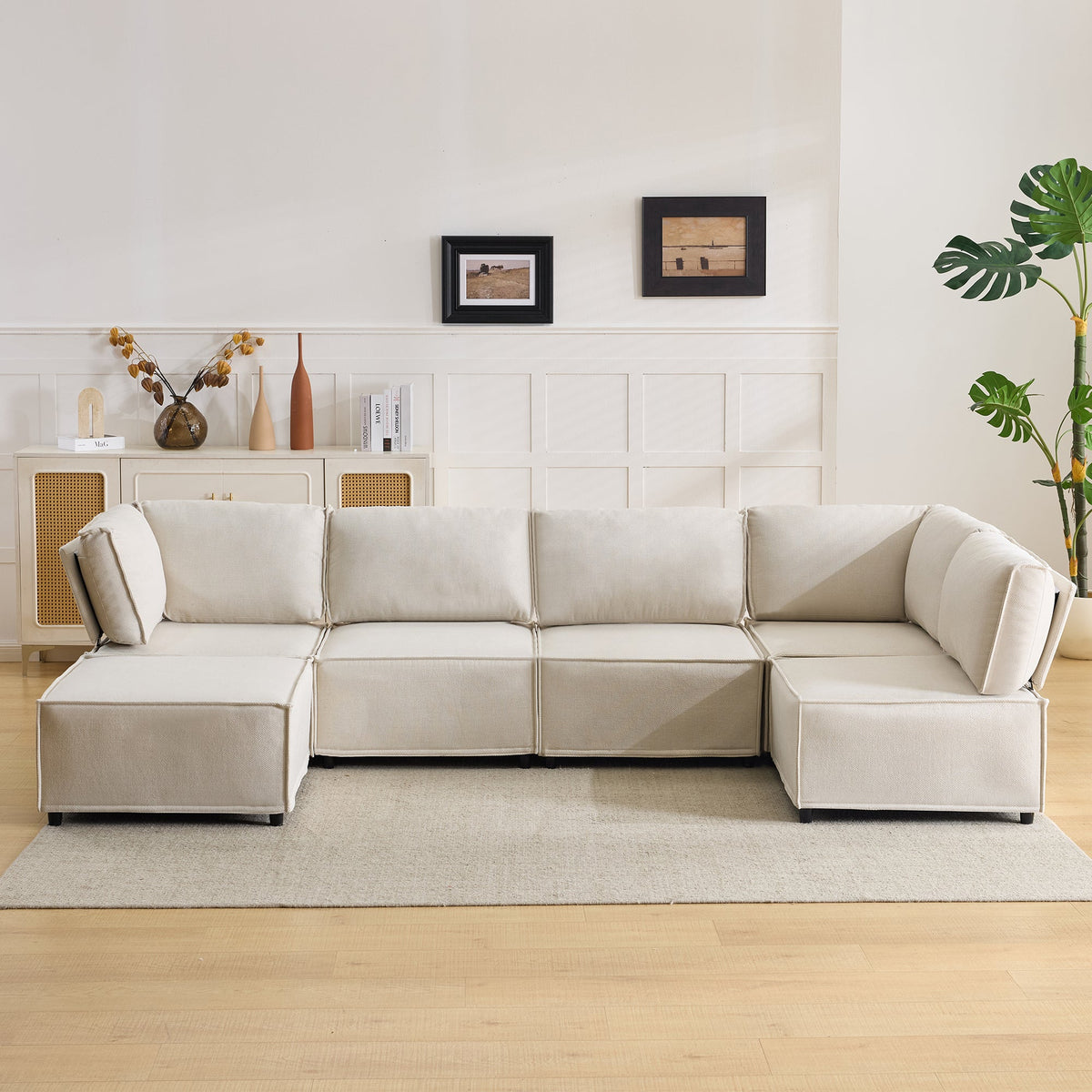 Semi-Compressed Modular Sofa Set, Versatile Flexible Wood Frame, Beige Linen Fabric