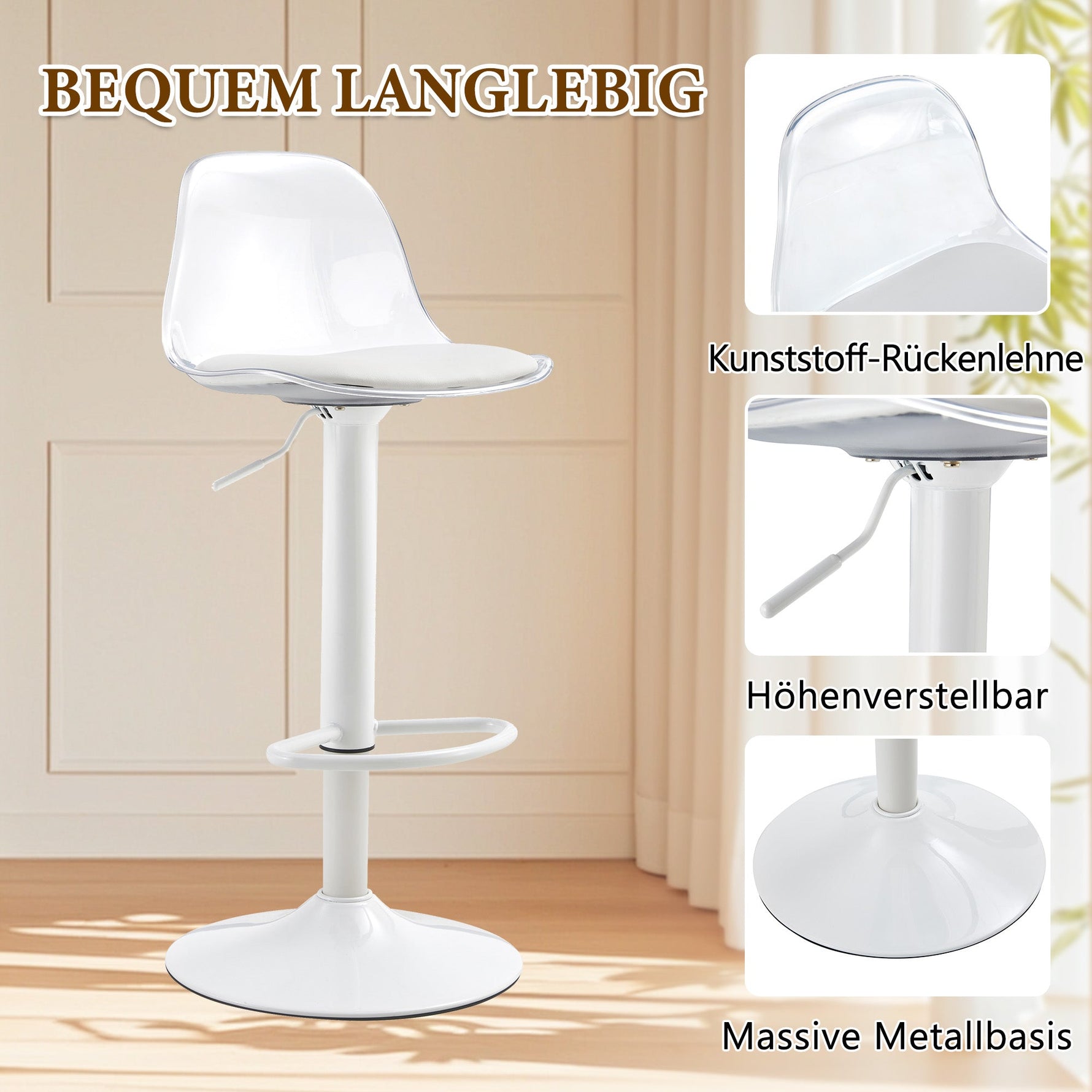Bar Set 89cm Glass Table 2 Stools Adjustable Swivel - White Legs