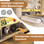 Upholstered Bed 140x200 with LED & Storage, Beige Linen