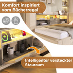 Upholstered Double Bed with LED Lighting, Hydraulic Storage and L-shaped Headboard, 140x200cm, Beige Linen