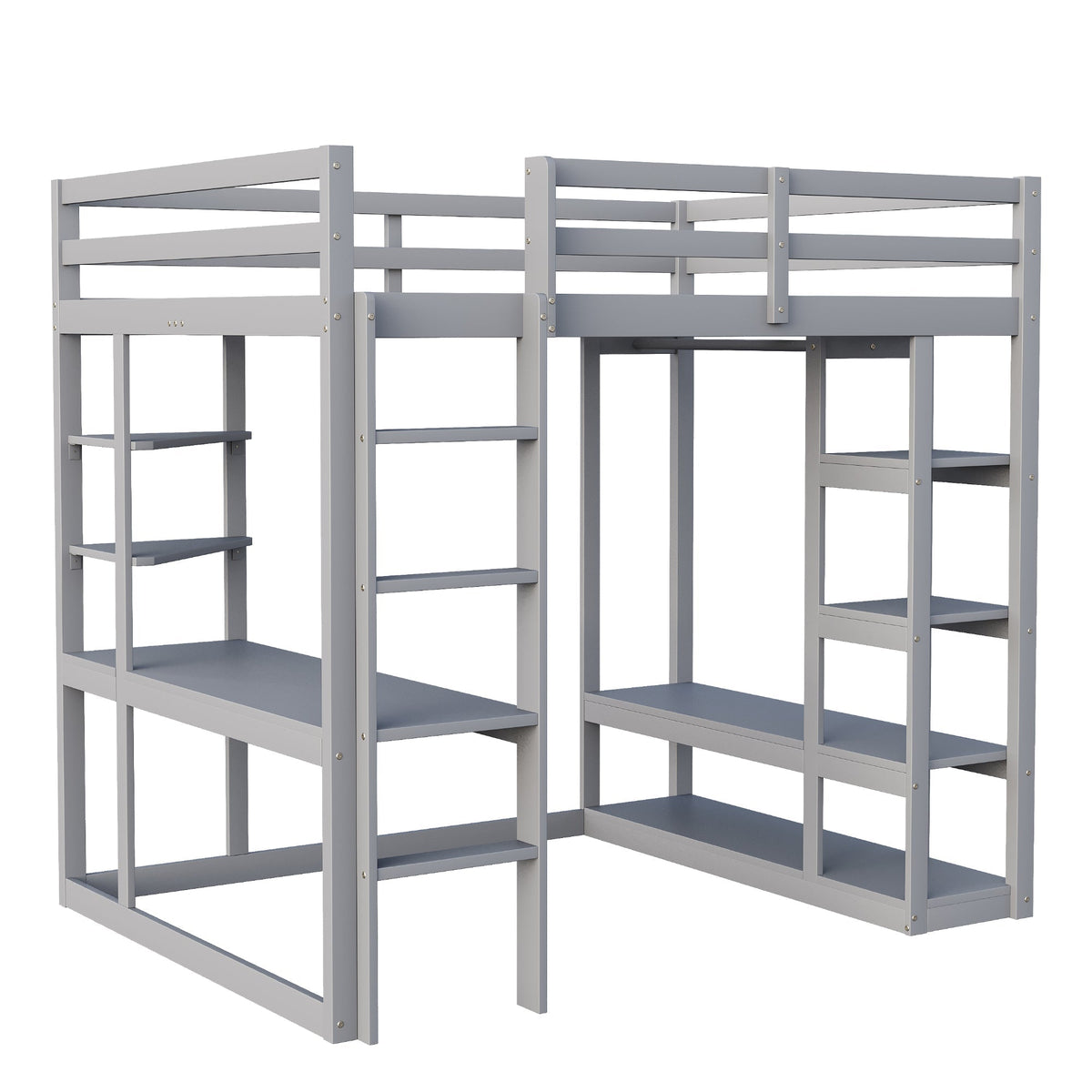 Loft Bed with Ladder, Table & Shelves, 140x200 cm, Solid Wood Grey