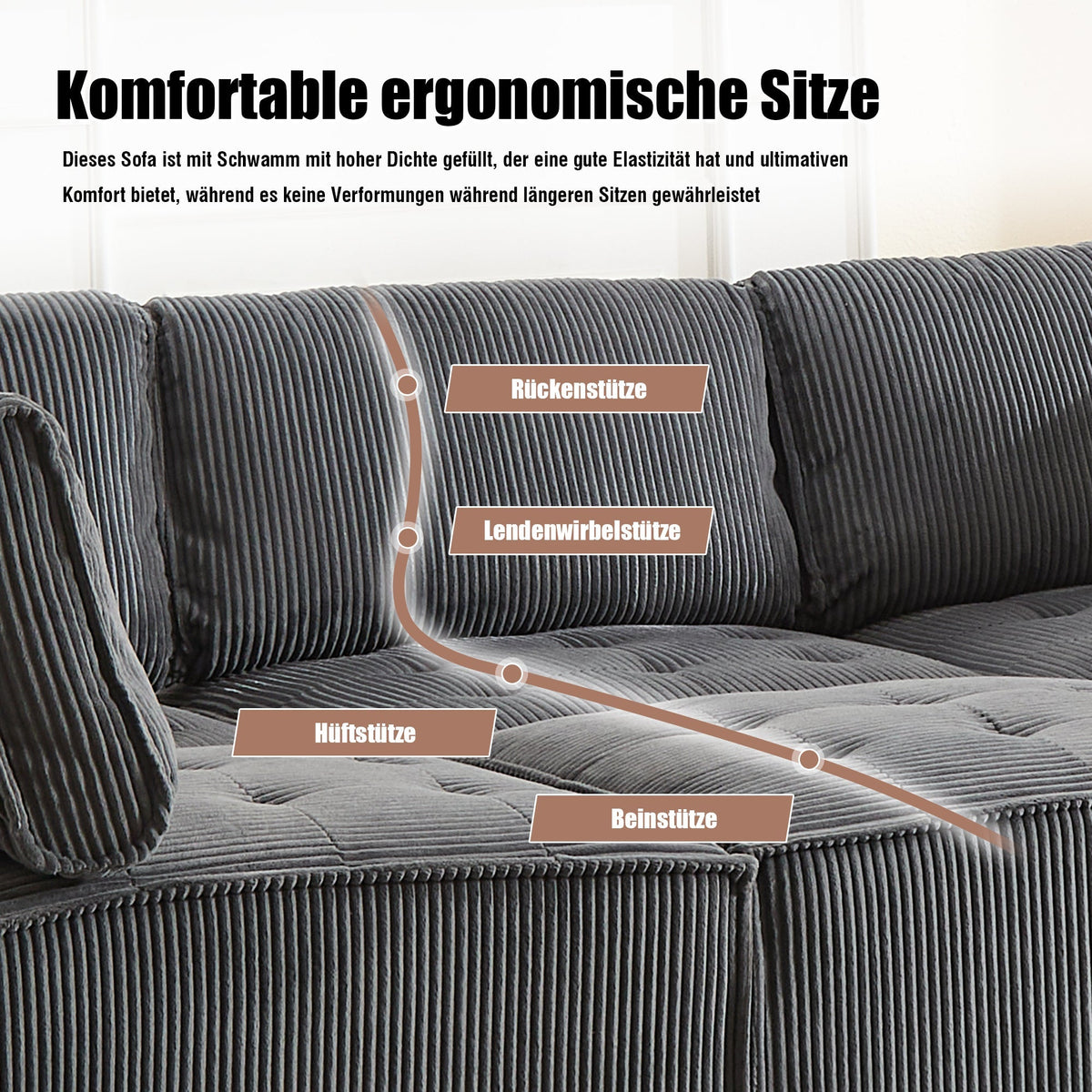 Modular Sofa 6-Seater Convertible U/L-Shape Sleeper Storage Pockets Corduroy Grey