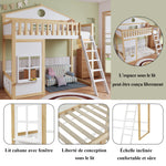 Bunk House Bed with Stairs & Roof 90x200cm, White & Natural