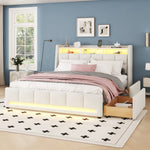 Upholstered Bed 140x200cm App Control LED Drawers USB/Sockets - Linen Beige