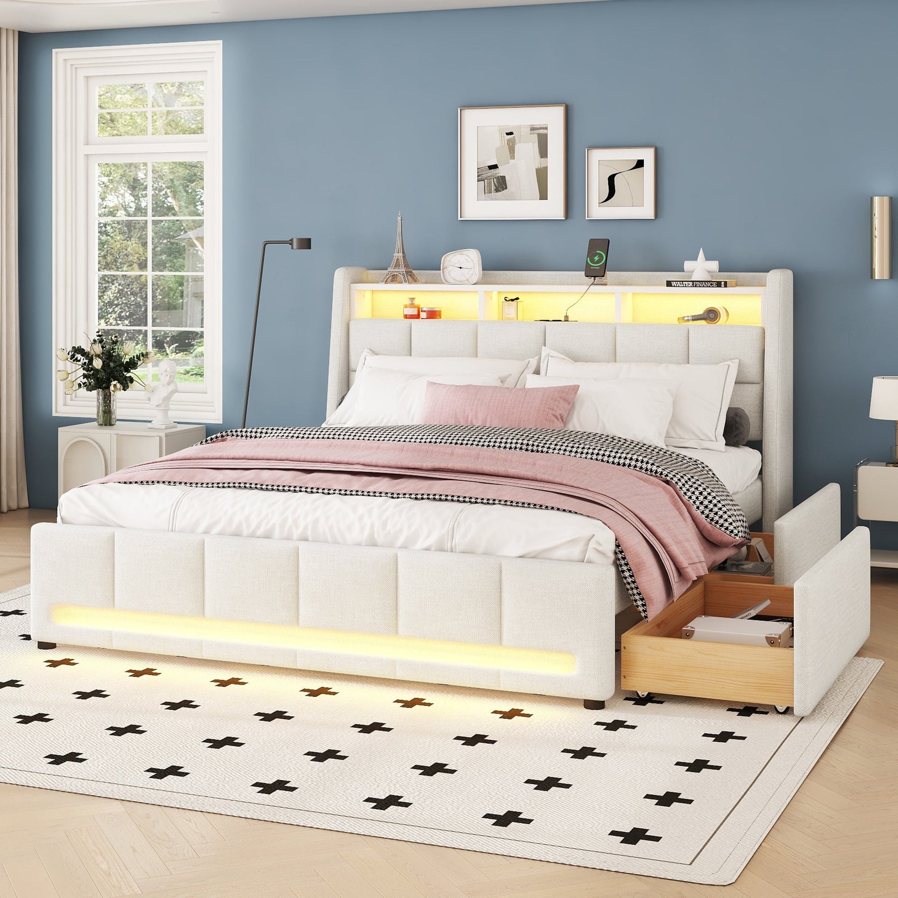 Upholstered Bed 140x200cm App Control LED Drawers USB/Sockets - Linen Beige