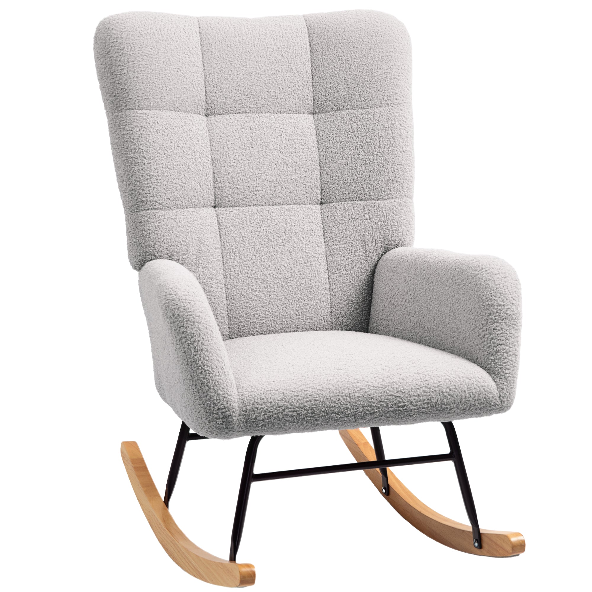 Rocking Chair, Armrests, Wooden Base, Teddy Velvet, Light Gray