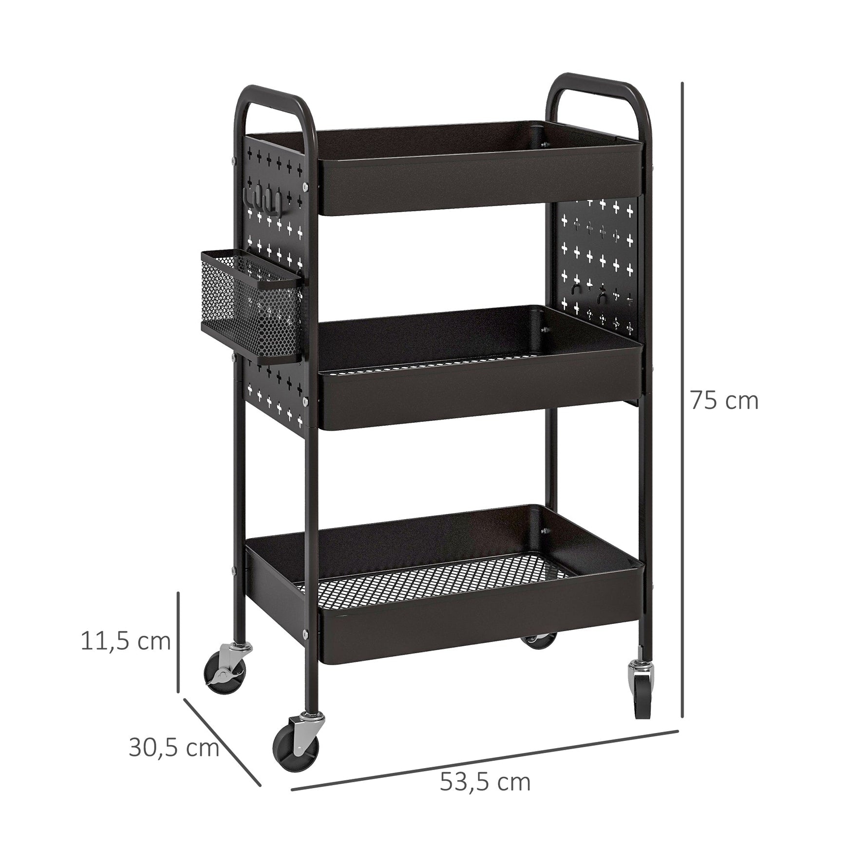 Rolling Serving Cart, 3 Tiers, 2 Hanging Baskets, Kitchen, Steel Black