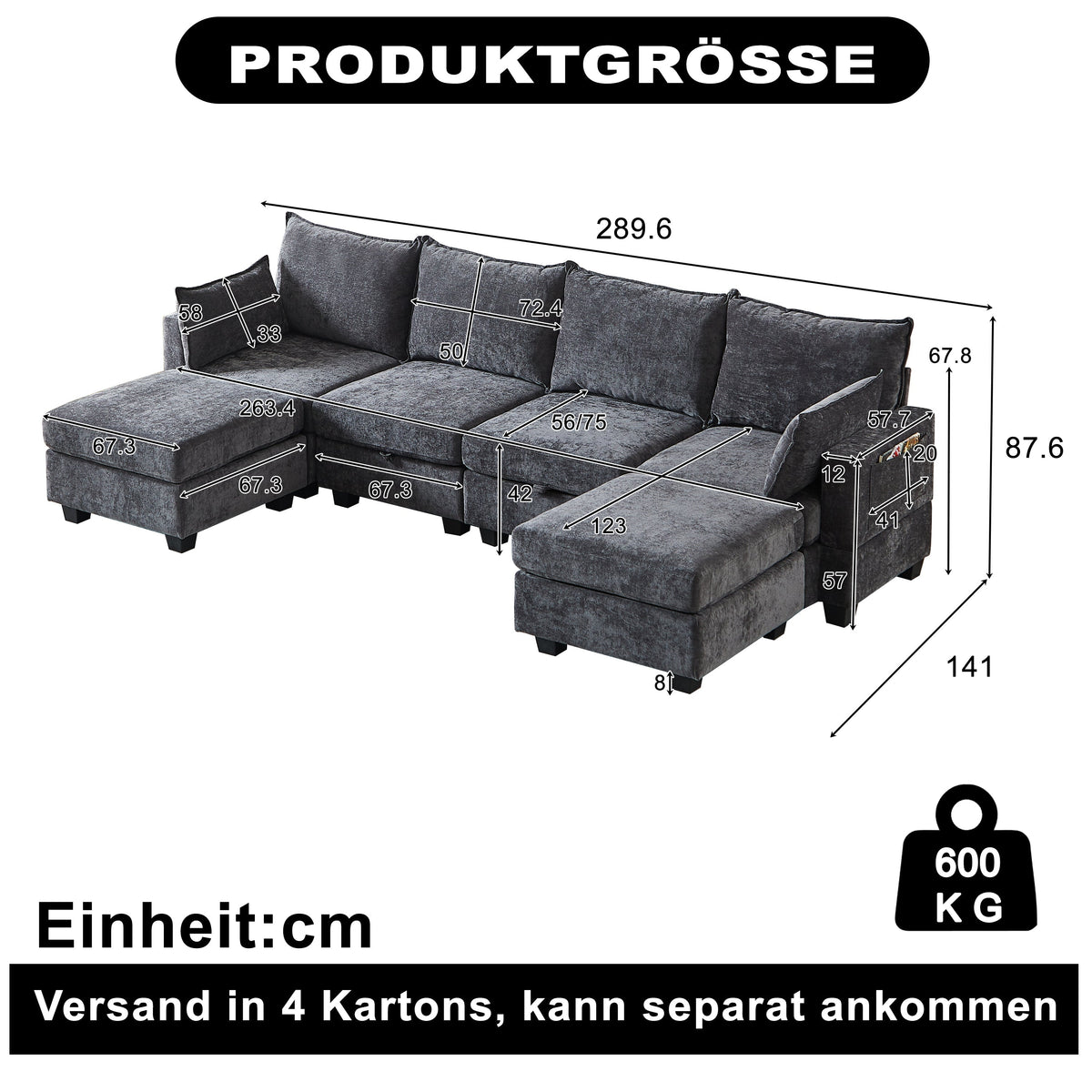 Modular Sofa U-Shaped 6-Seater Chaise Longue Storage Ottoman Chenille