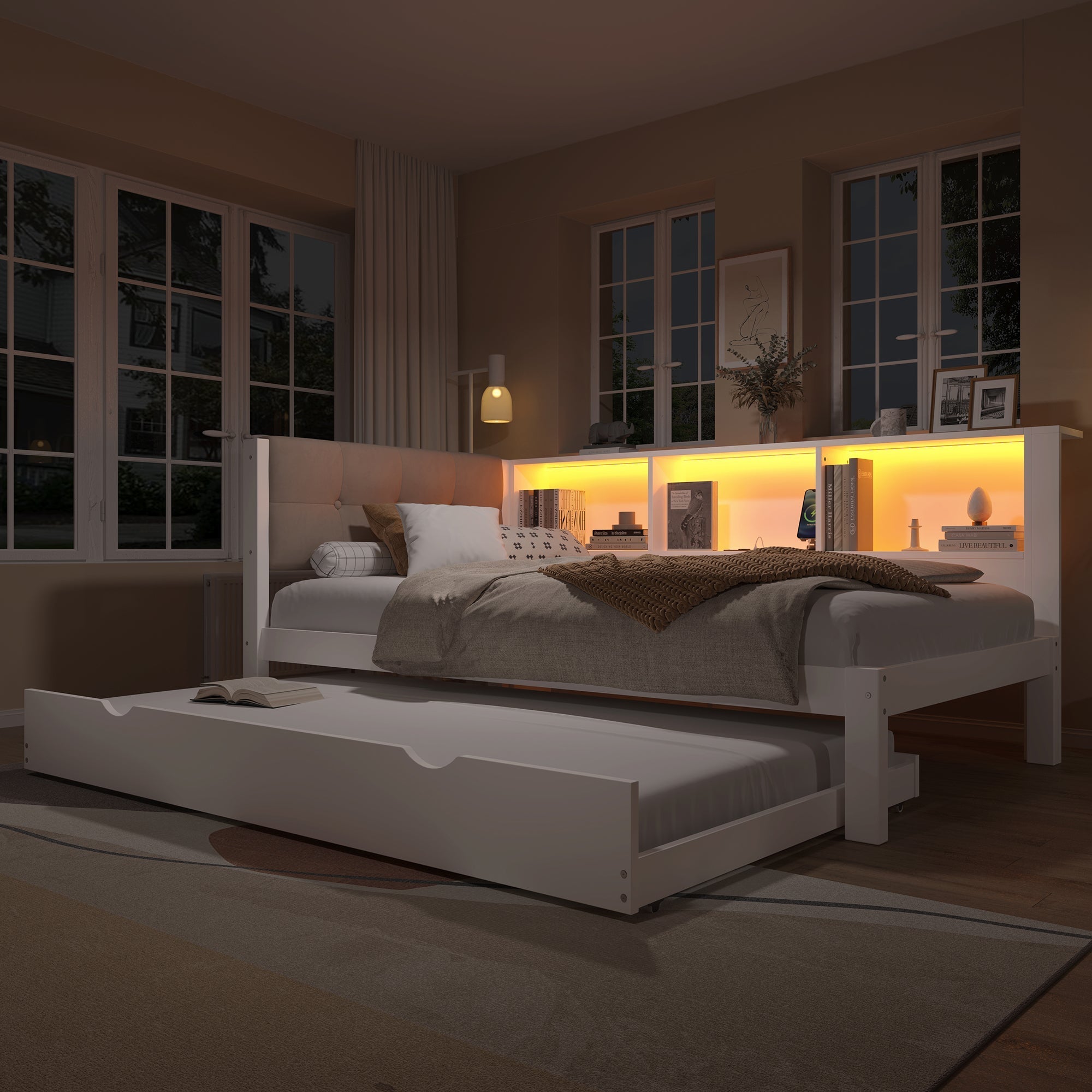 Daybed with Pull-Out Bed, LED Strip, Storage Shelf and USB Port, Pine Wood White