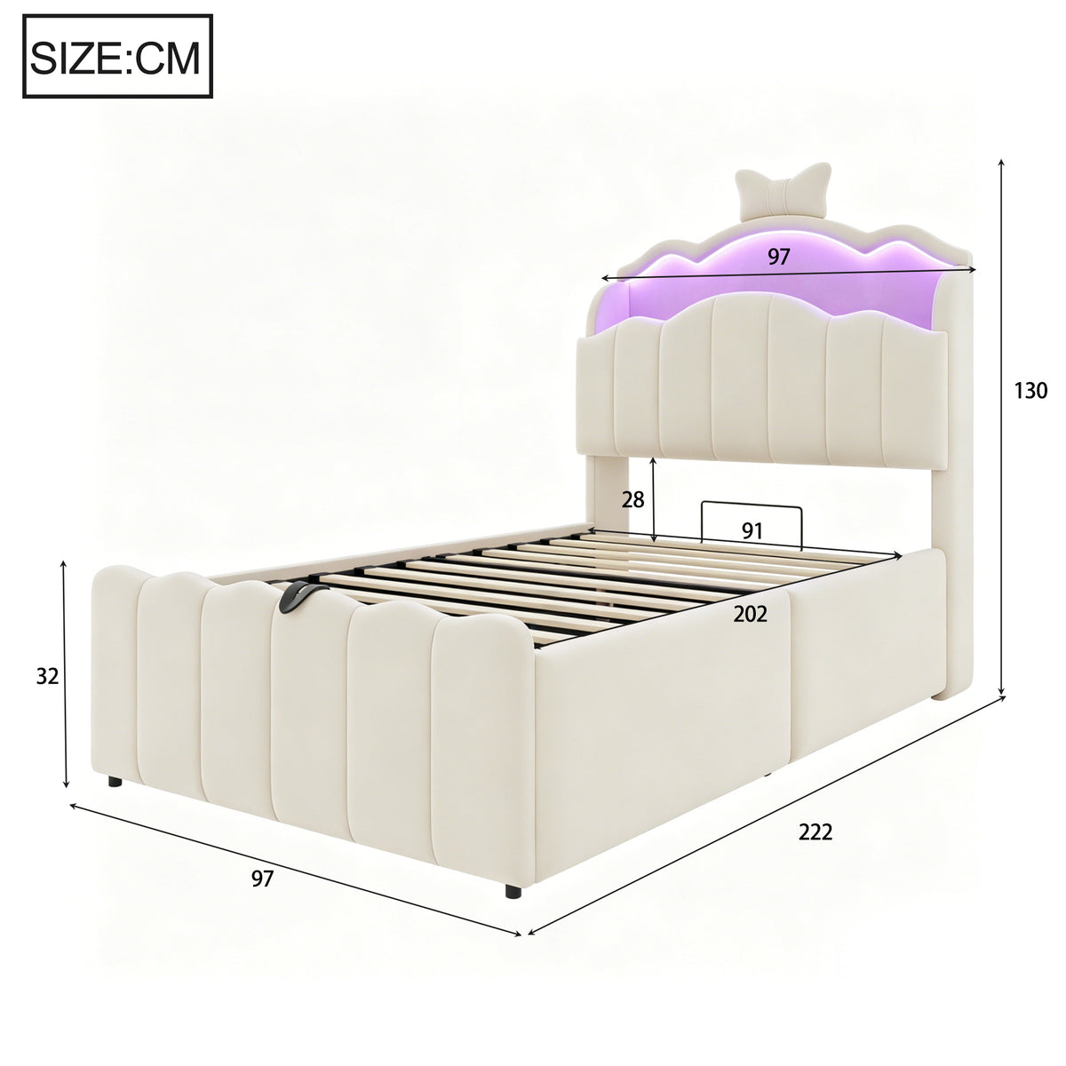 Children's Bed 90x200 Hydraulic Storage & LED, Beige Velvet
