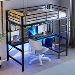 Loft Bed with Desk, LED Lights, USB and Power Outlet, Black Metal