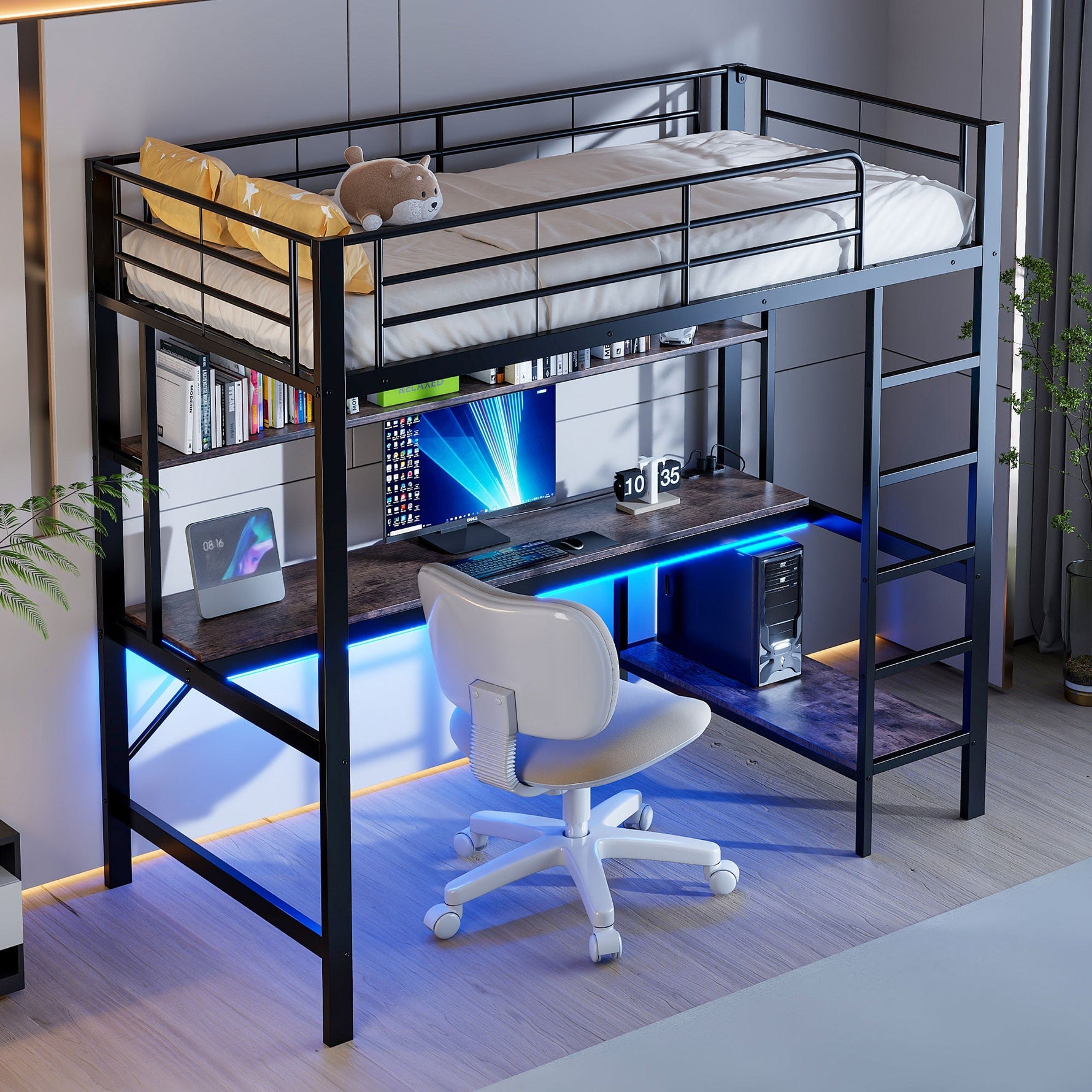 Loft Bed with Desk, LED Lights, USB and Power Outlet, Black Metal