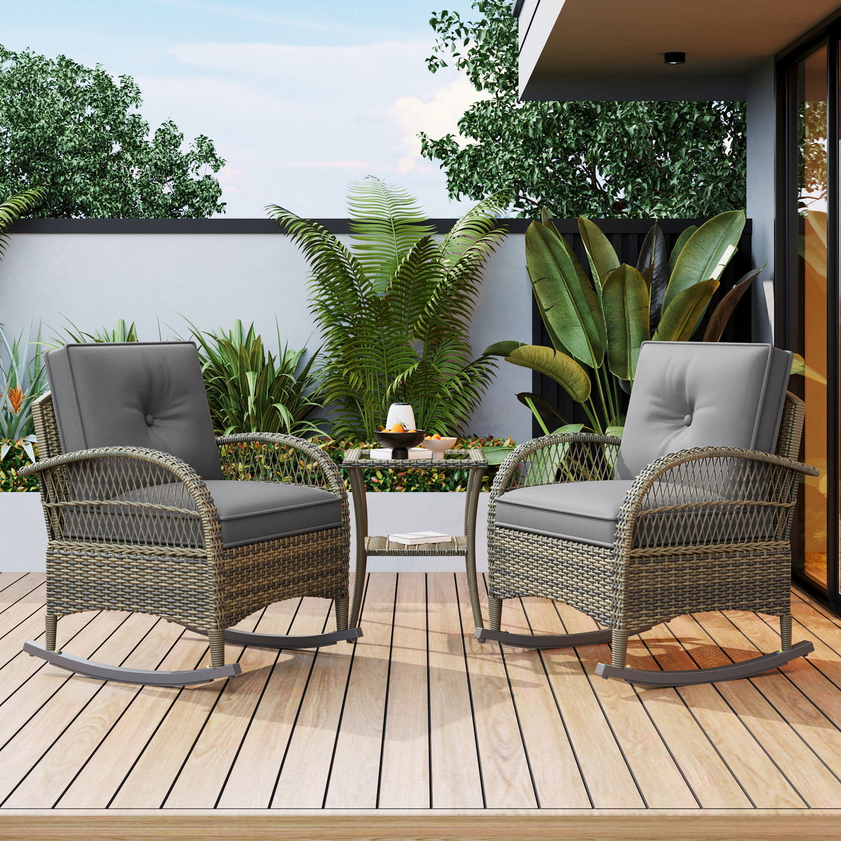 3-Piece Balcony Furniture Set with Cushions, Grey Rattan