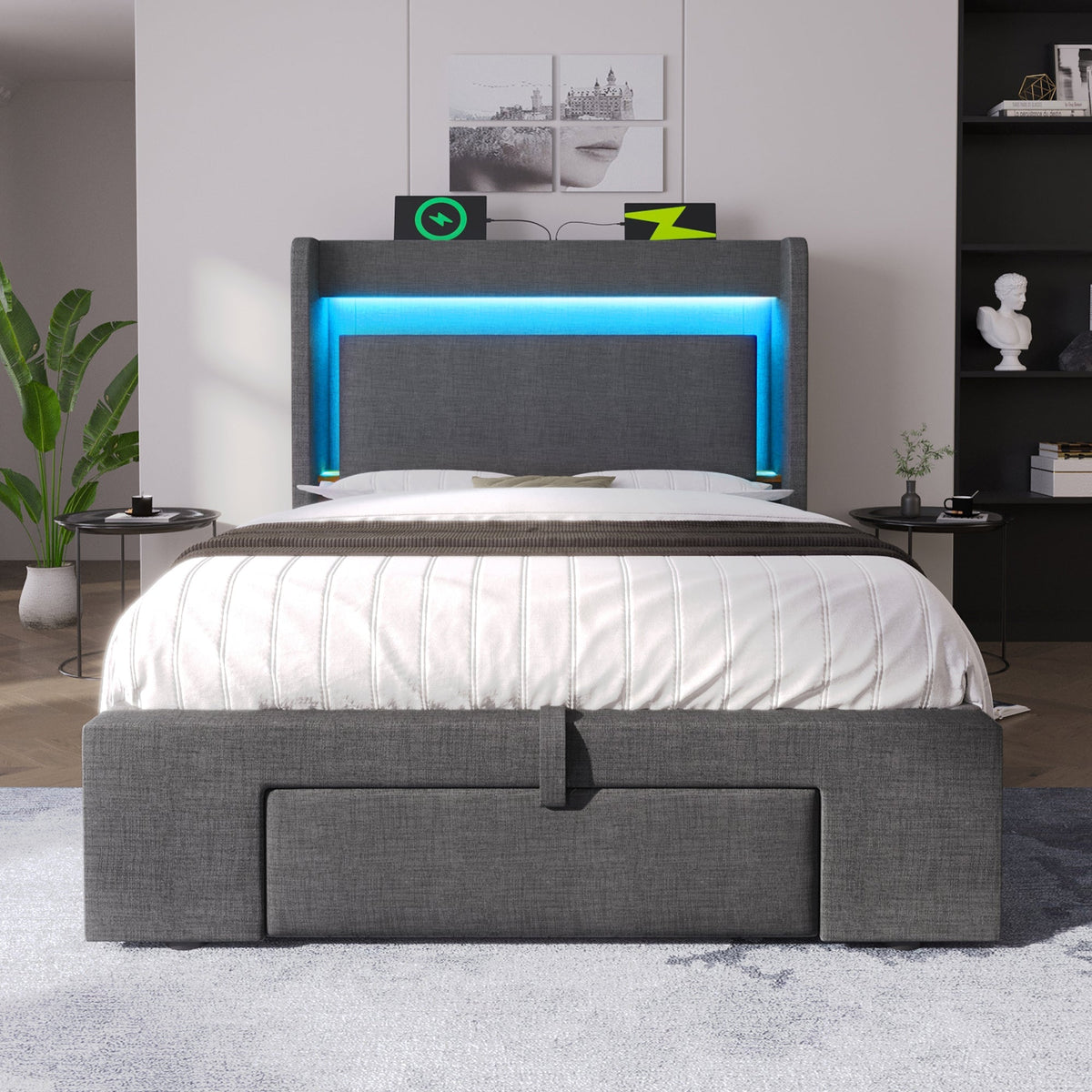 Upholstered Bed 90x200cm Hydraulic Storage Headboard with USB/Type-C & LED Grey Linen