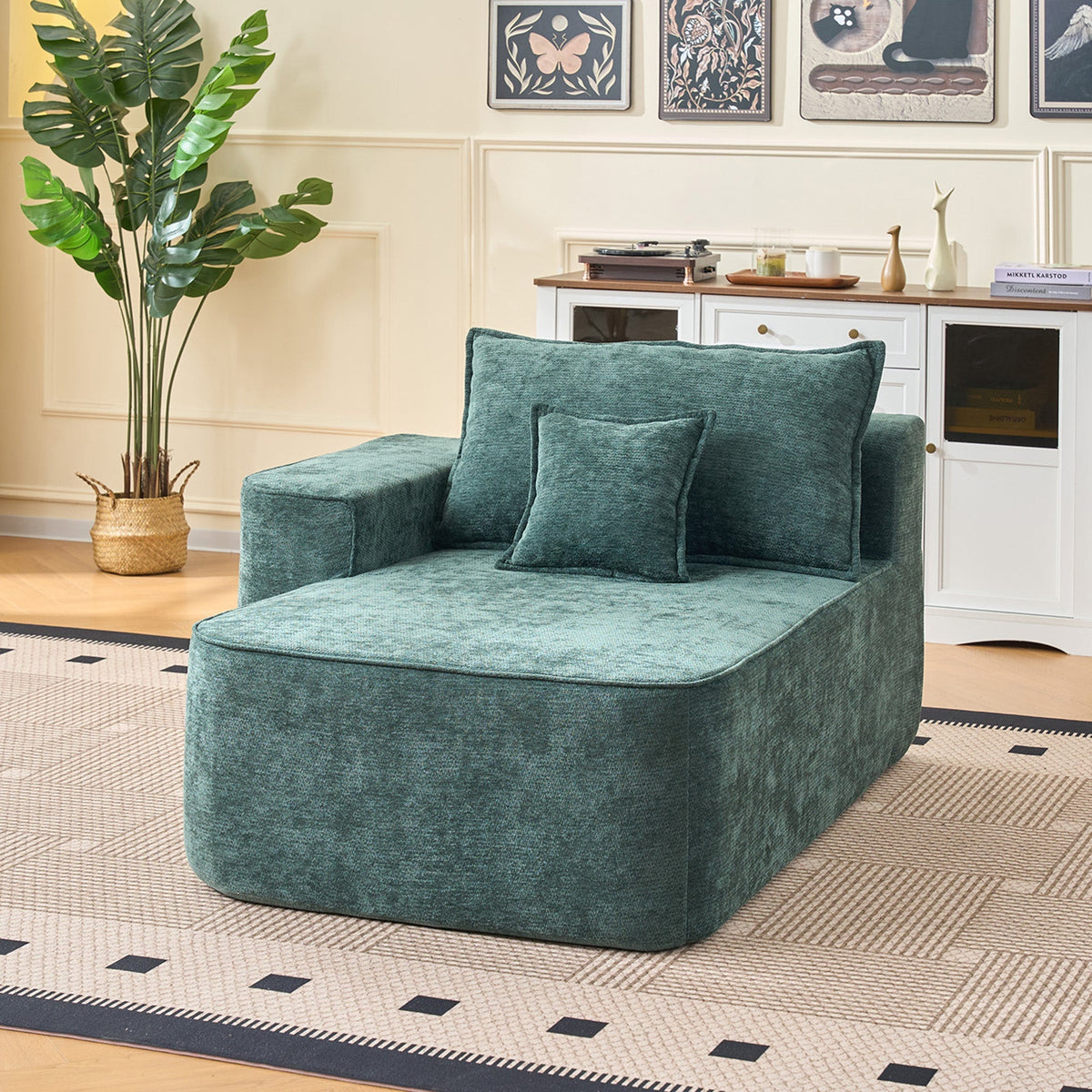 Comfortable Chaise Longue Sofa with Cushions and Side Pockets, Green