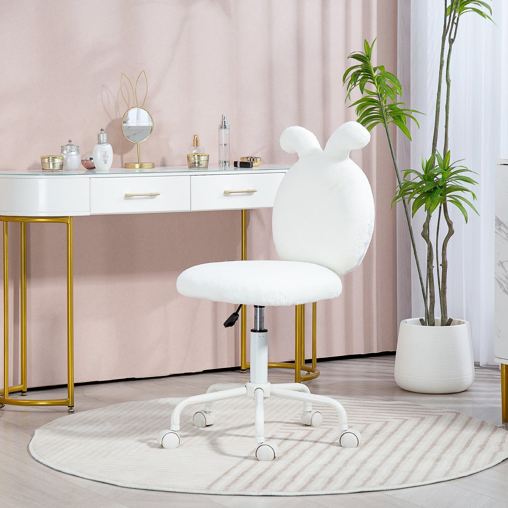 Office Chair with Rabbit Ears, Height-Adjustable Swivel, White Velvet