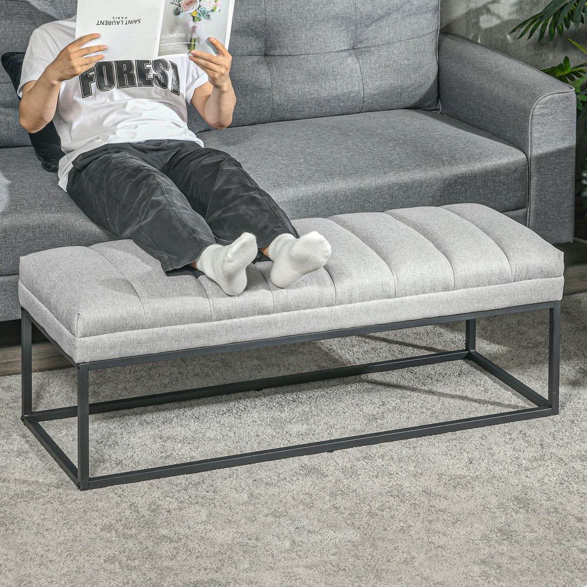 Linen look upholstered bench for bedroom, bed bench, dressing table, 200 kg, light grey steel