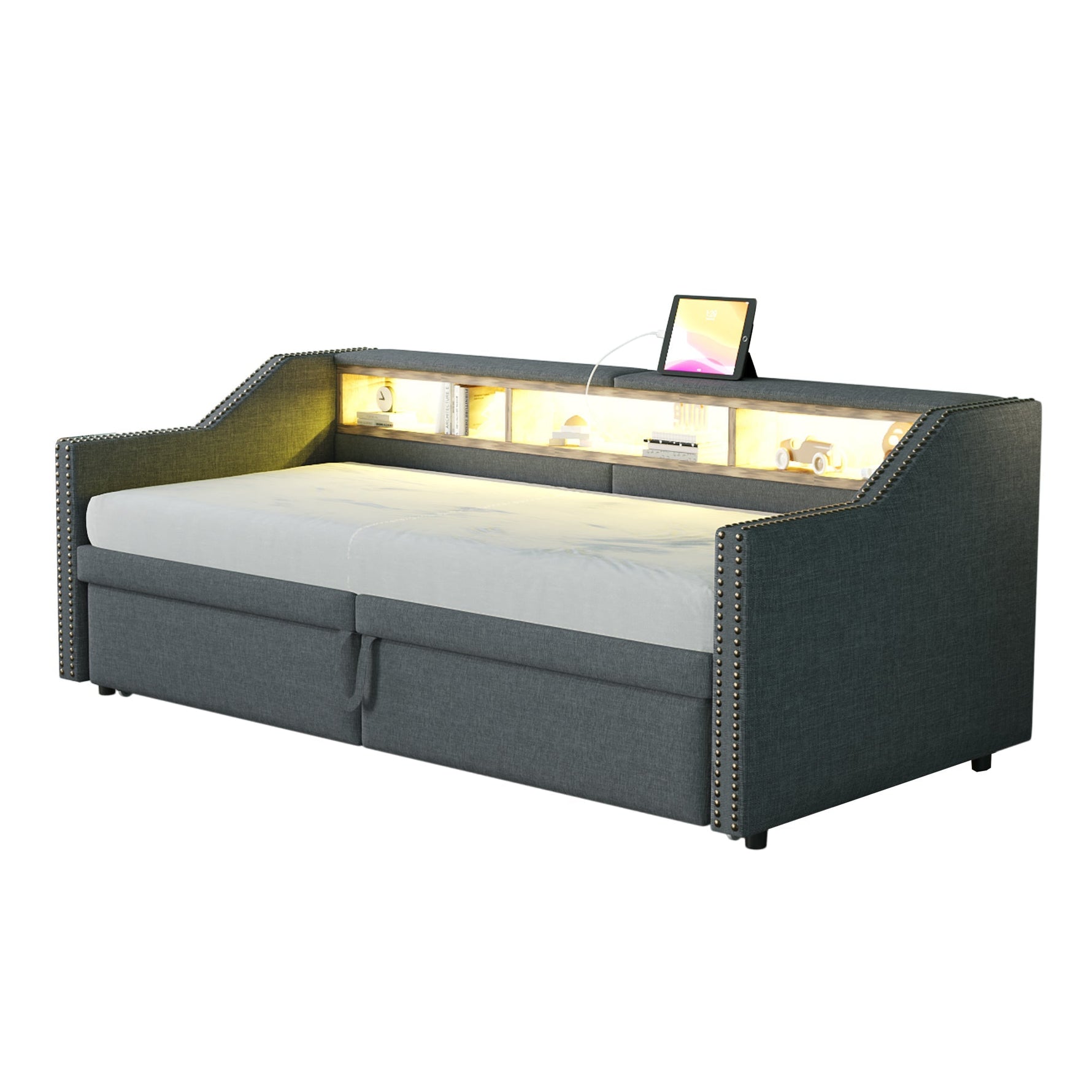 Upholstered Sofa Bed 90/180x200cm Extendable Storage LED USB - Dark Grey
