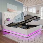 Upholstered Double Bed 180x200 with Storage & LED, White PU