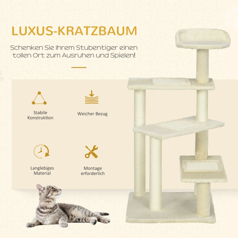 Cat Tree 100 cm, Sisal Posts, Large Platform, Multi-Level, Beige