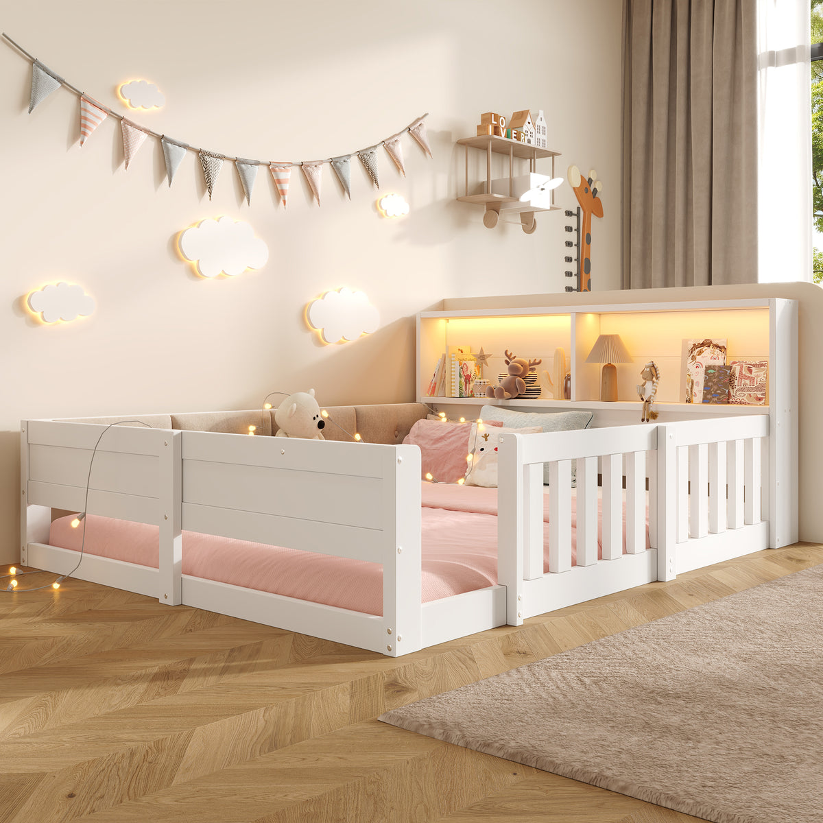Flatbed Kids Bed 140x200cm with LED Light & Railings, White