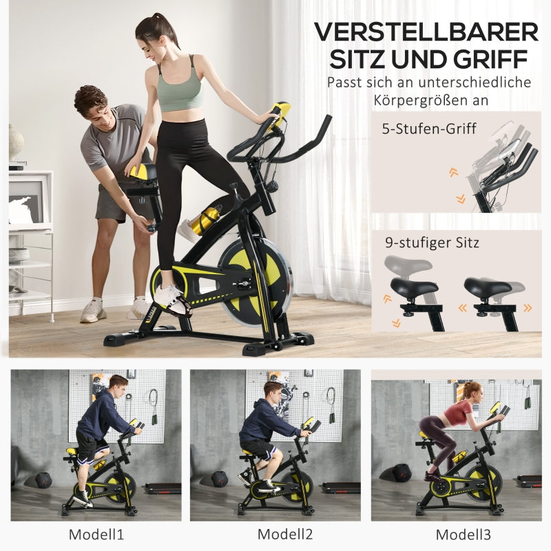 Exercise Bike, Adjustable Seat & Resistance, LCD Display, Heart Rate Sensor, Steel, Yellow