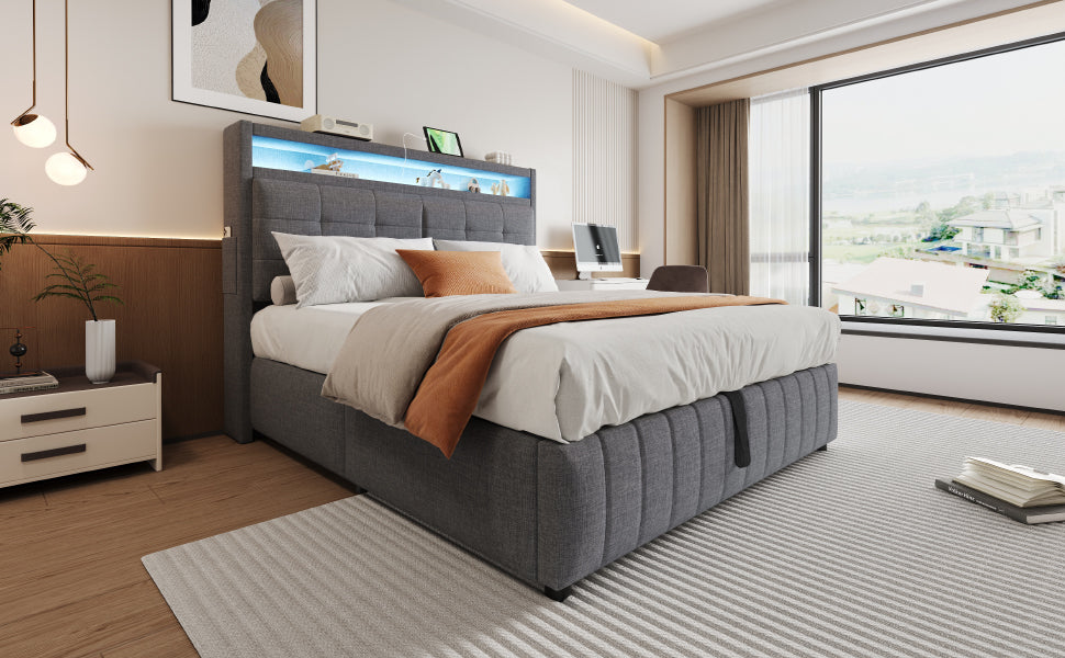 Upholstered Bed 160x200 cm, LED Lighting, USB Socket, Hydraulic Storage, Gray Linen