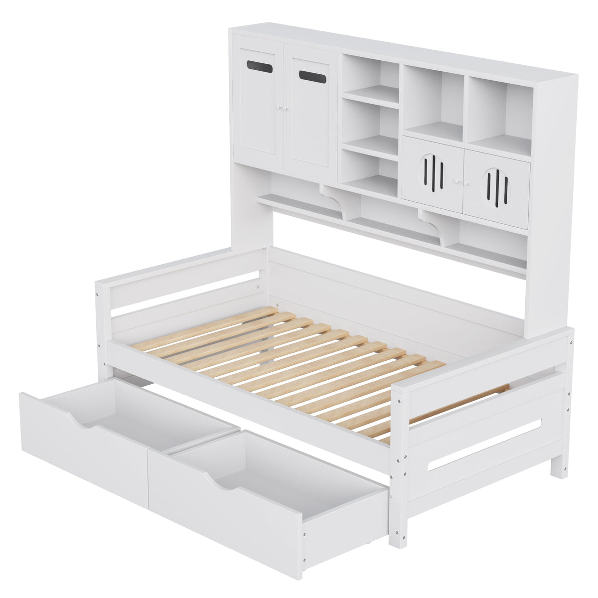 Wooden Sofa Bed, 90x200cm Multifunctional with Large Drawer & Slatted Frame, White