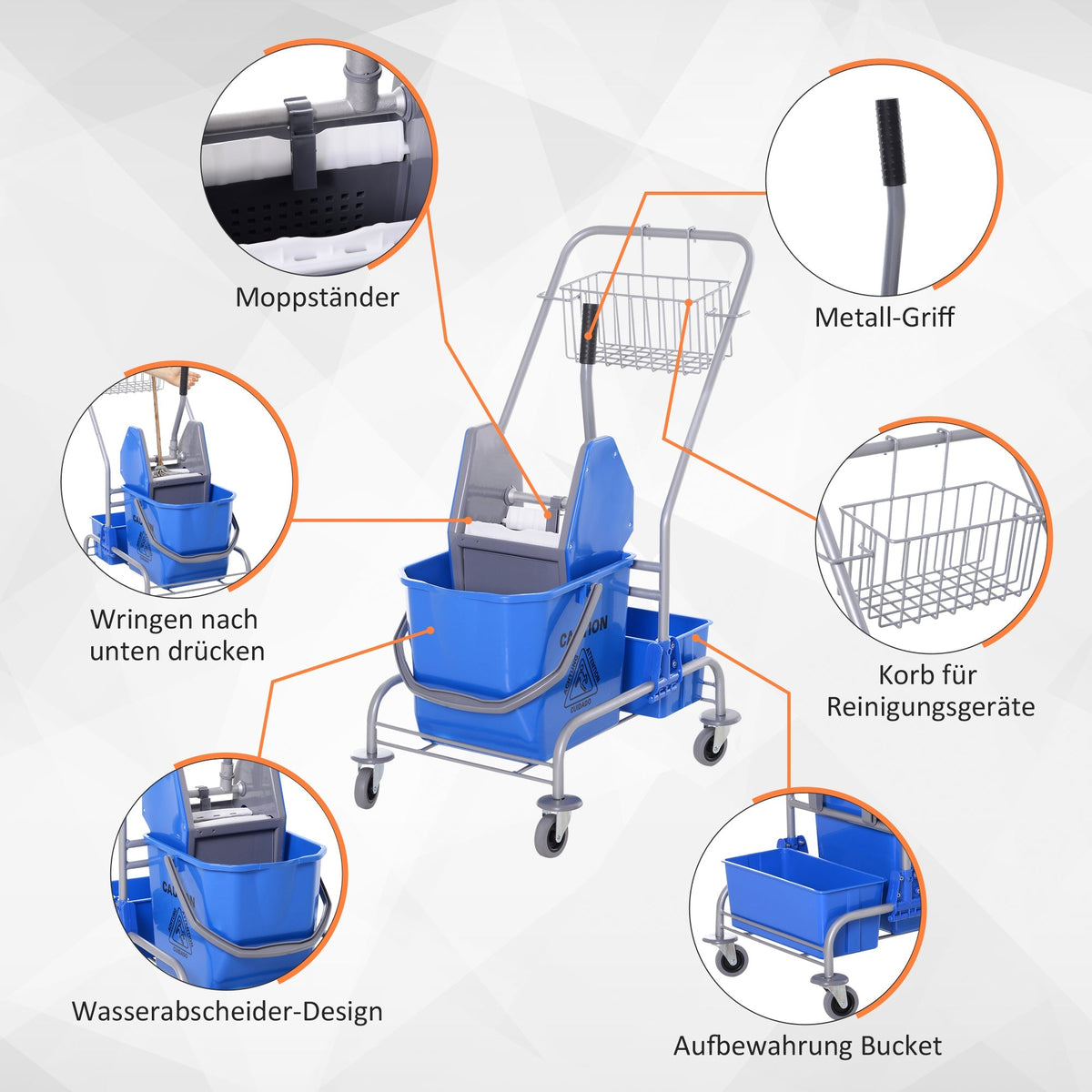 Cleaning Cart Mobile Mop Bucket, 25 Liters with Wringer and 4 Wheels, Blue
