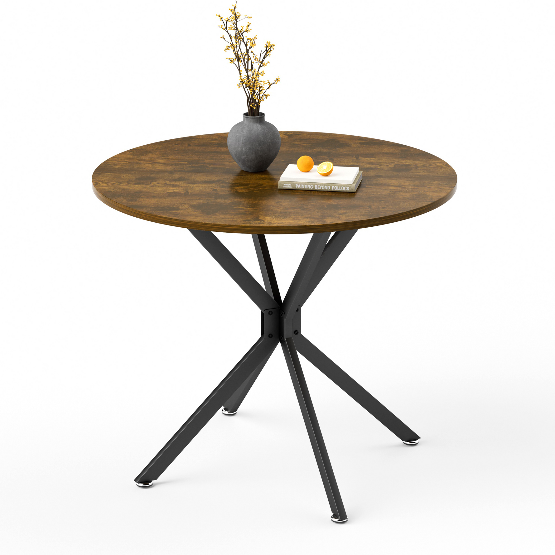 90 cm Round Dining Table, Space-Saving Kitchen Table with Metal Legs, Brown & Black