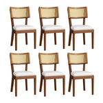6 Solid Wood Dining Chairs Rattan Backrests Linen - Walnut