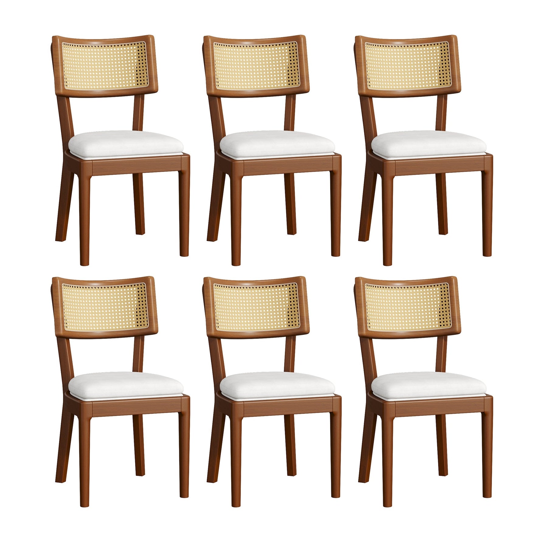 6 Solid Wood Dining Chairs Rattan Backrests Linen - Walnut