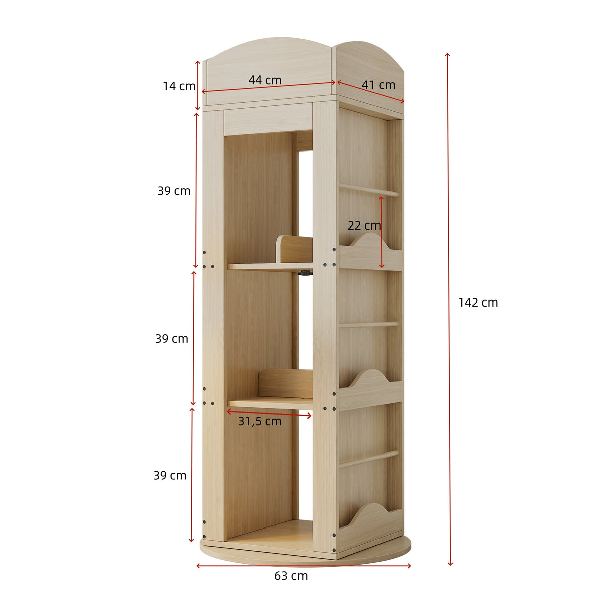 Rotating Bookshelf with 360-Degree Rotation and 4 Shelves, Wood