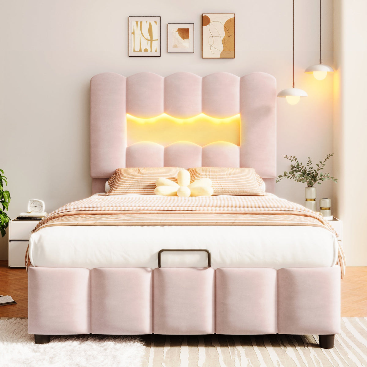Upholstered Bed 90x200cm Hydraulic LED Adjustable Headboard, Velvet Pink