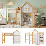 Loft Bed with Storage Compartments, Drawers, Steps and Safety Railing, 90x200cm, White and Natural Pine + MDF + Plywood
