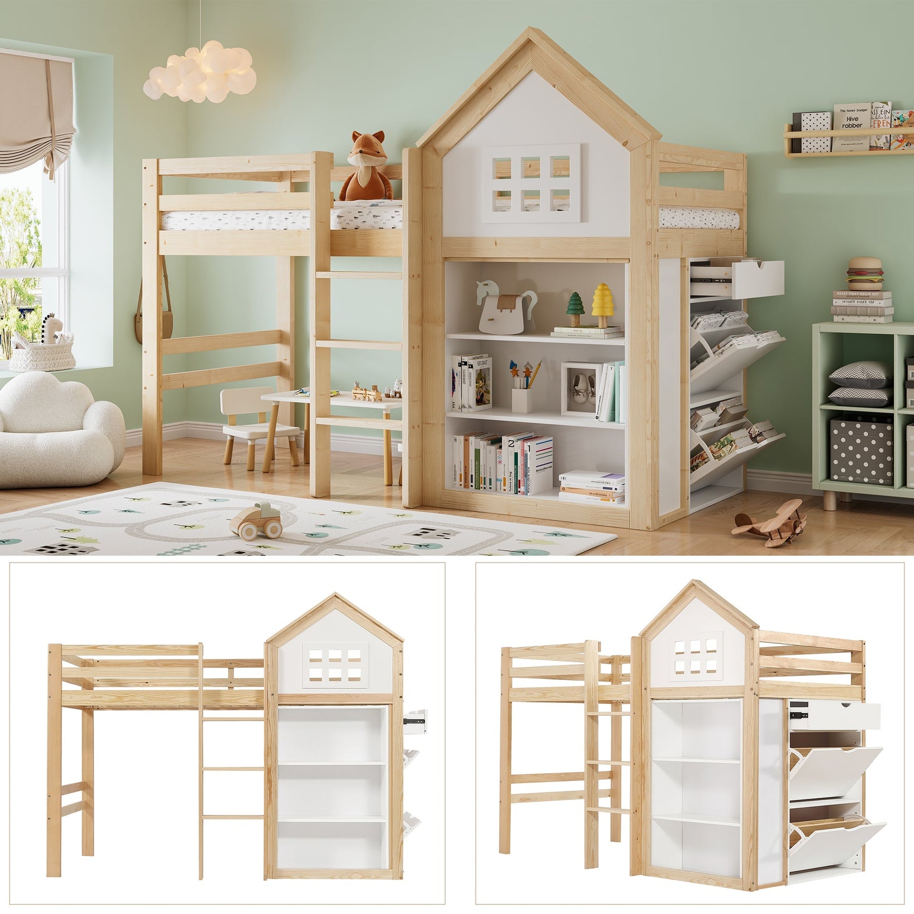 Loft Bed with Storage Compartments, Drawers, Steps and Safety Railing, 90x200cm, White and Natural Pine + MDF + Plywood