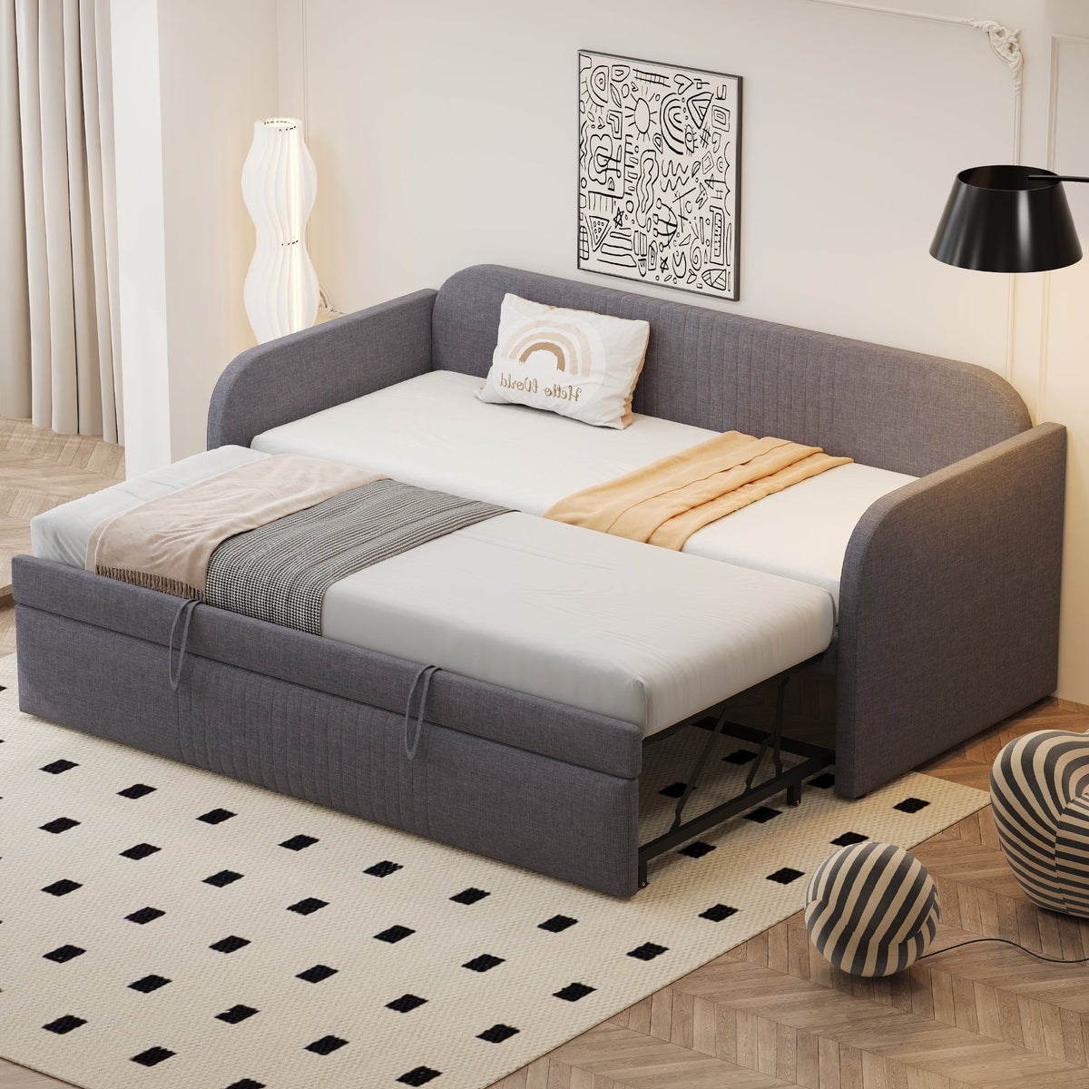 Upholstered Bed Pull-Out Sofa, Multifunctional with Slatted Frame, Grey Linen