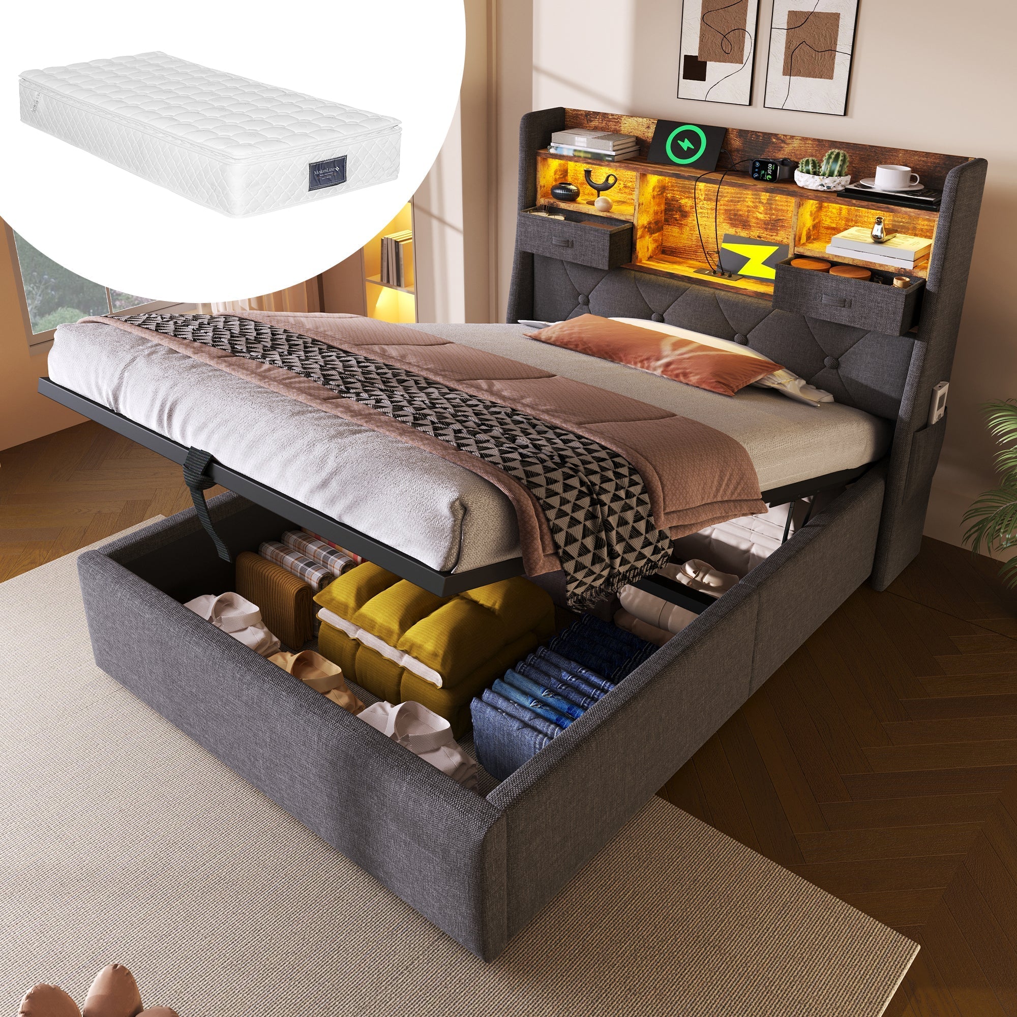 Upholstered Bed Hydraulic Storage LED Headboard 90x200cm, Grey Linen Fabric