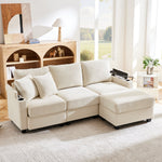 L-shaped Corner Sofa, Convertible 3-Seater with Footstool, Cup Holder, USB Charger, Armrest Storage, Beige