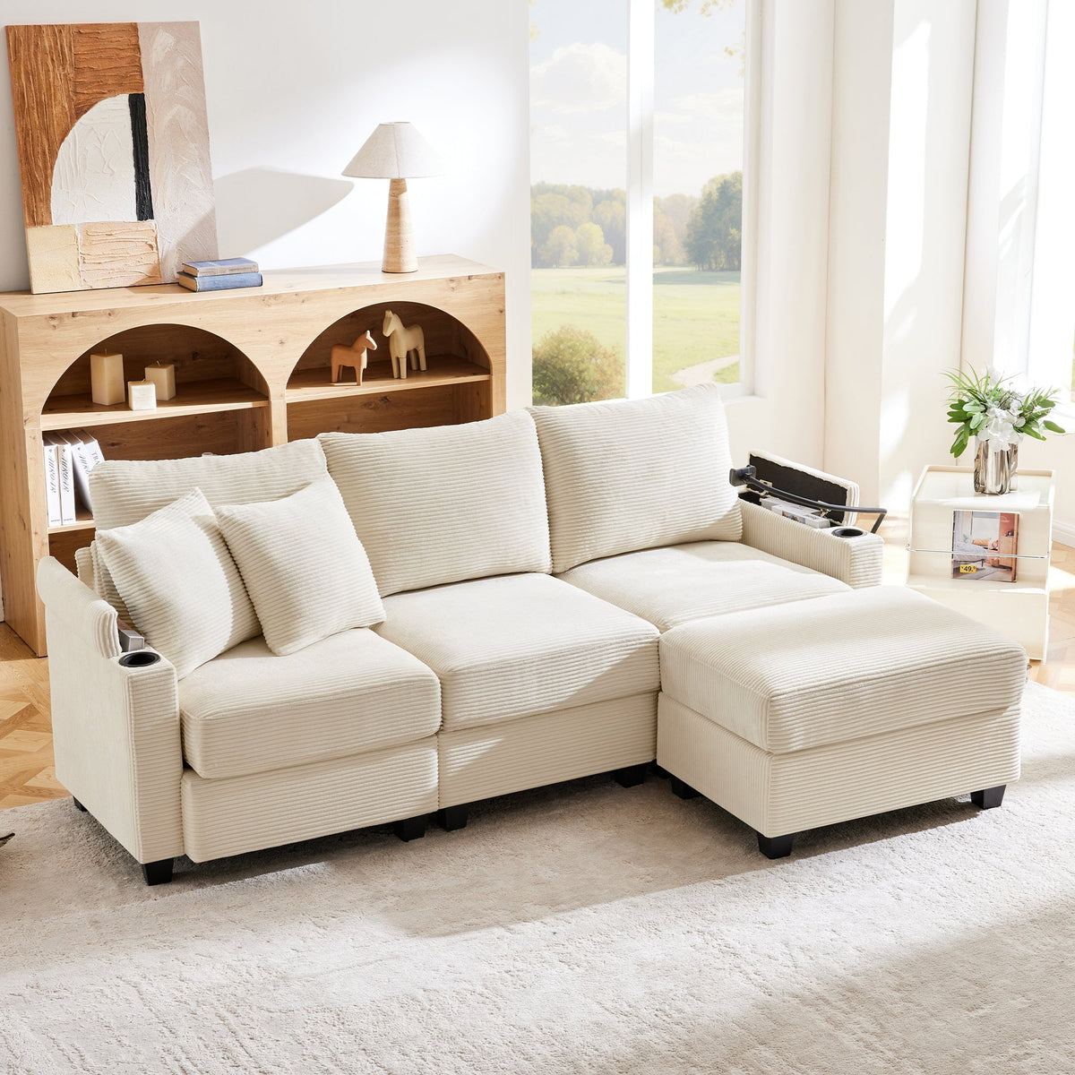 L-shaped Corner Sofa, Convertible 3-Seater with Footstool, Cup Holder, USB Charger, Armrest Storage, Beige