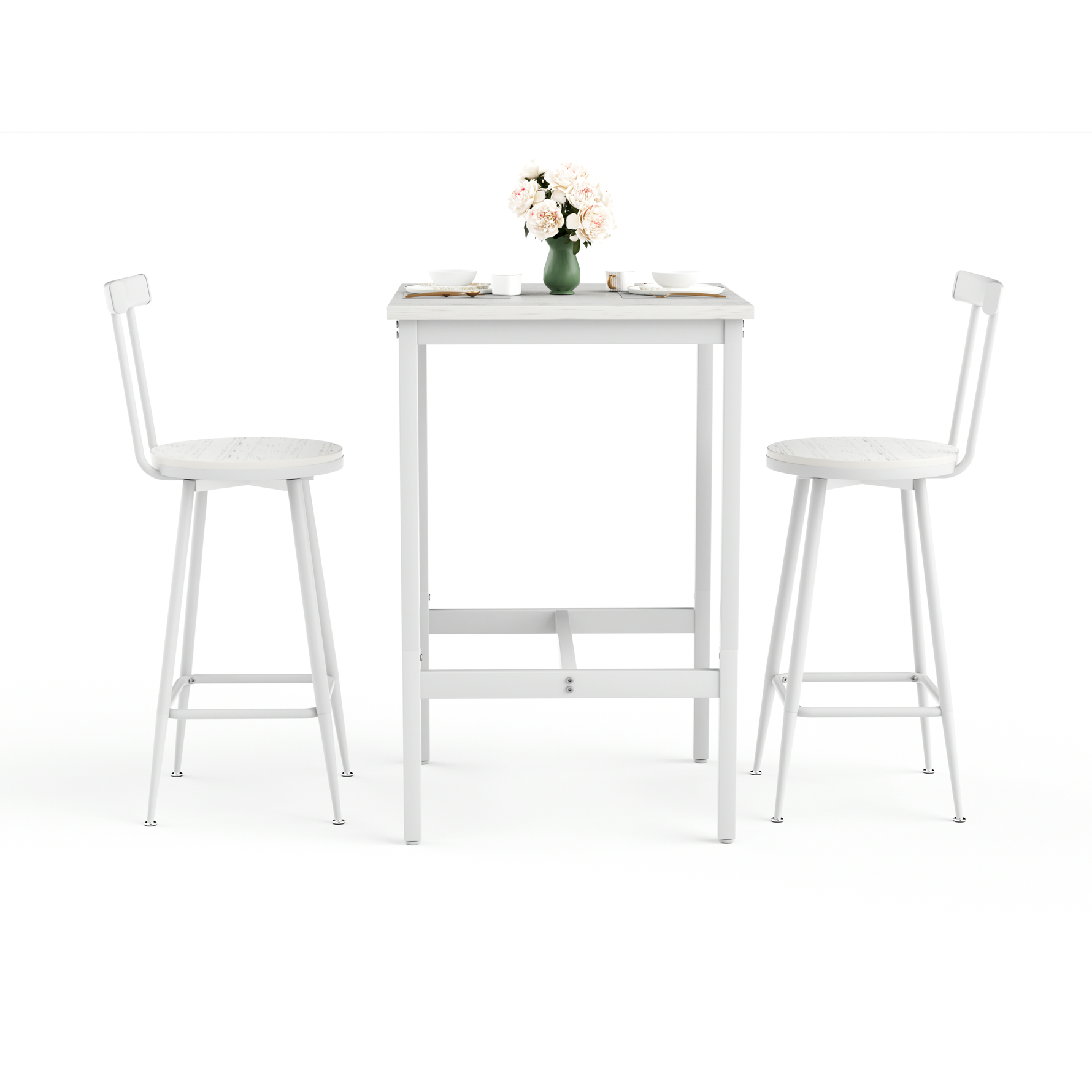Bar Table and 2 Stools Set Industrial Style Metal Frame - White